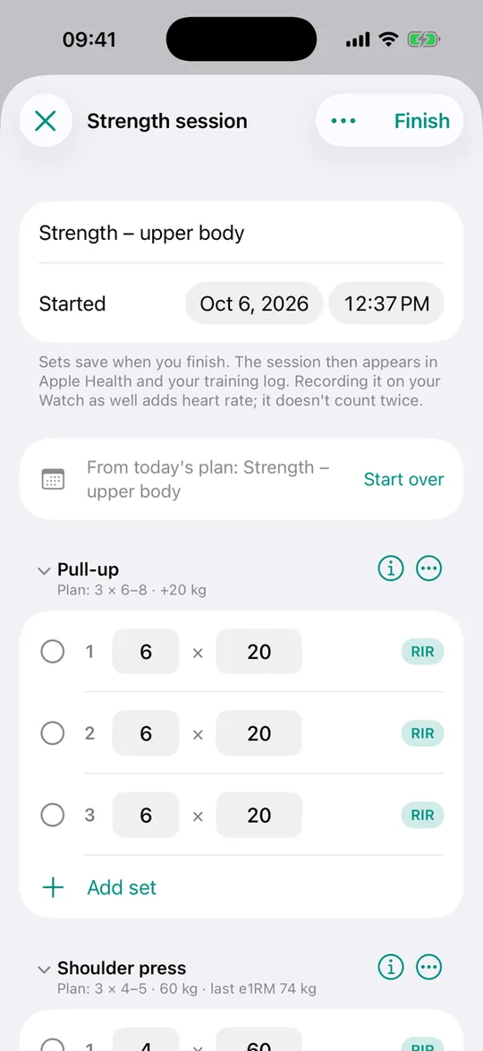 The Mitovo strength logger with today's planned exercises, sets and weights